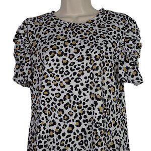 Les Amis Leopard Animal Print Ruffle Short Sleeve Top Women Size L Crewneck